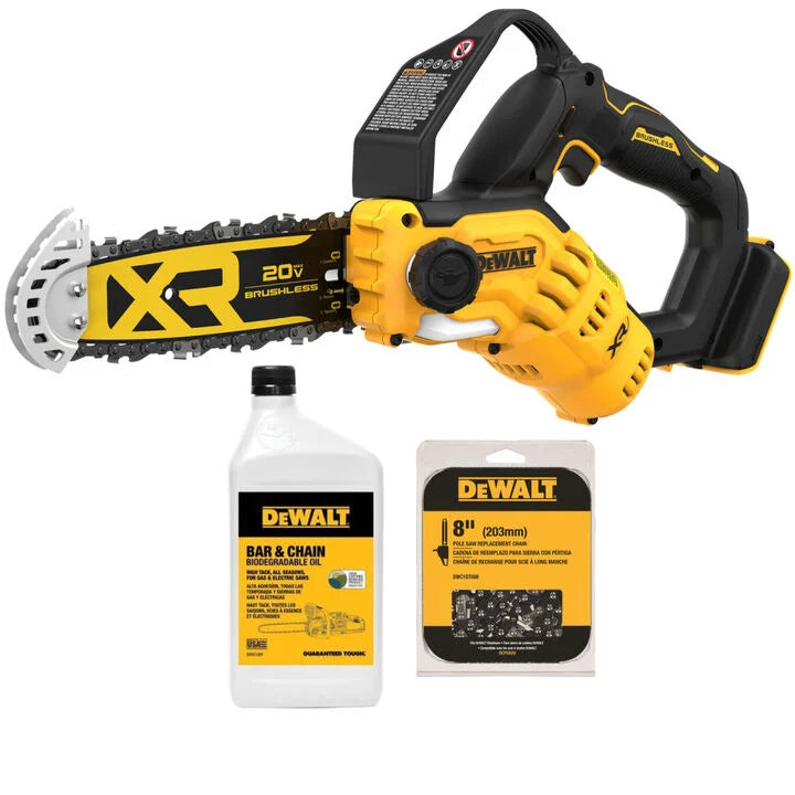 DEWALT 20V MAX* 8 Inch Brushless Pruning Chainsaw (Bare Tool) Quart Bar & Chain Oil and Replacement Chain