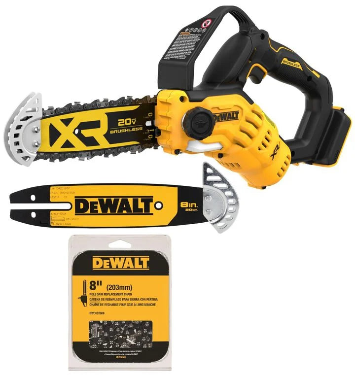 DEWALT 20V Max 8 Inch Brushless Pruning Chainsaw (Tool Only) Replacement Bar with Tip Guard & Replacement Saw Chain Bundle