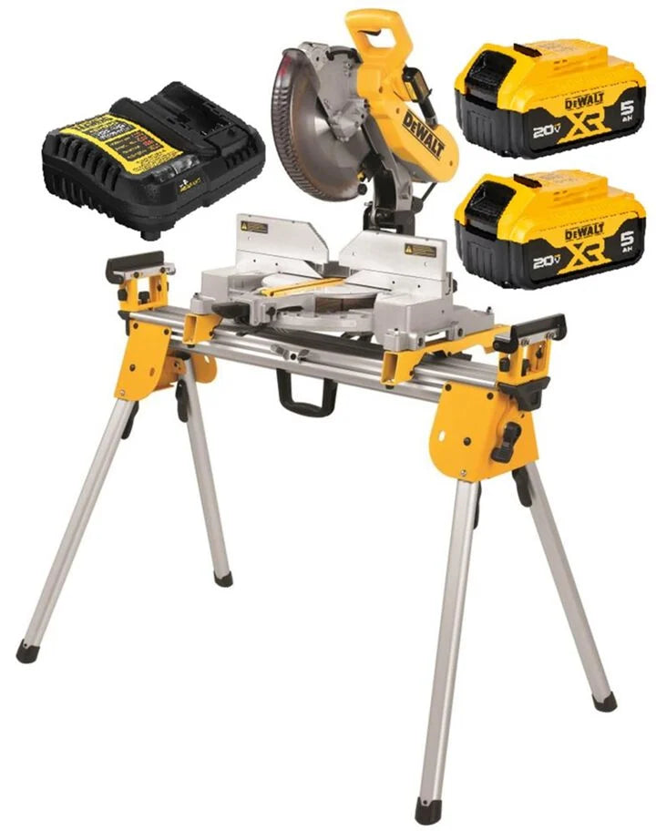 DEWALT 20V MAX* XR 10 Inch Double Bevel Fixed Miter Saw, Compact Miter Saw Stand, & 5Ah Starter Kit Bundle