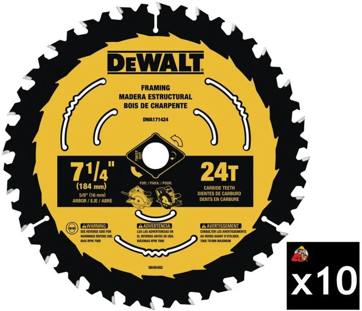 DEWALT ToughTrack 7 1/4 Inch 24T  Pack of 10 Circular Saw Blades