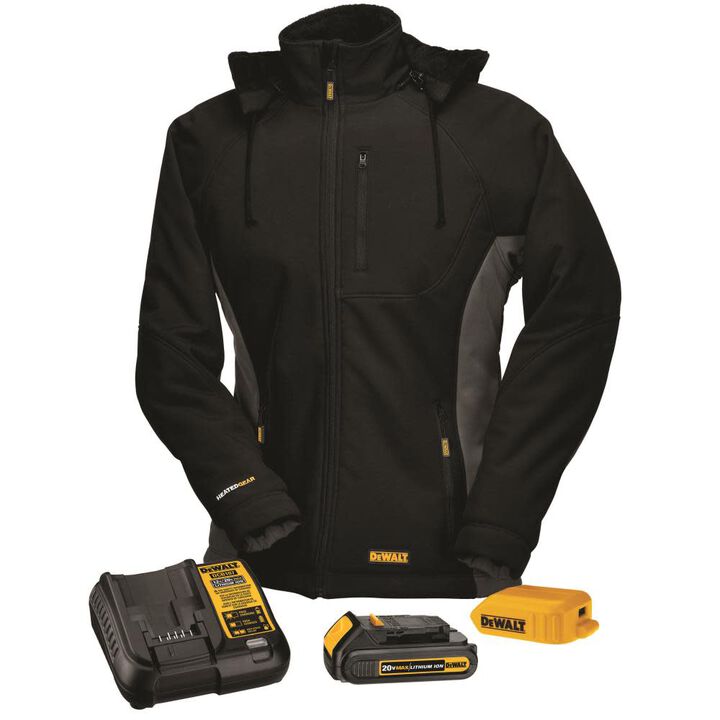 DEWALT Hooded Soft Shell Jacket Kitted: Battery Adapter & Charger Black - Medium
